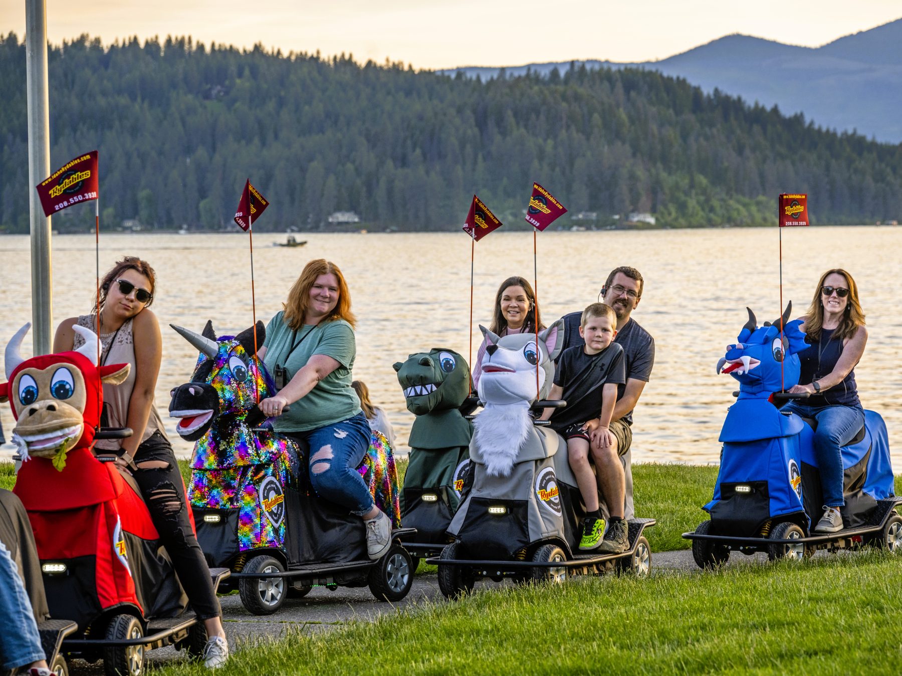 Daytime Rydables tour on a four-wheeled motorized animal scooter along Lake Coeur d'Alene in Coeur d'Alene Idaho